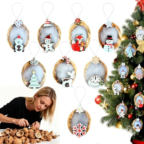 Weihnachten Deko Set Holz Walnuss Anhänger Weihnachtsbaum Deko | Handgemachte natürliche Holzanhänger für festliche Weihnachtsdeko, ideal als Baumschmuck