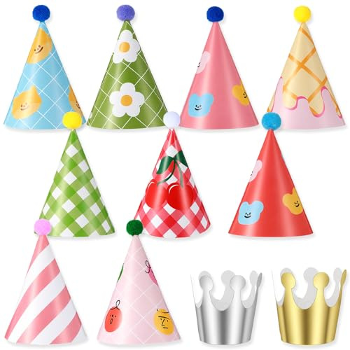 Minifesthattar födelsedagsset, 11 stycken färgglada partykonhattar, födelsedagshatt med elastiskt band, 9 konhattar med pompoms och 2 födelsedagskronor lämplig för gosedjur barn och vuxna (A)