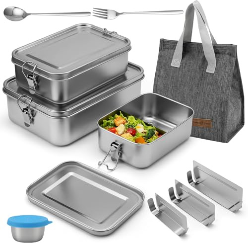Tsudoku Caja Bento de acero inoxidable 304, paquete de 3 recipientes de acero inoxidable con tapas de 2400/1400/850 ml, a prueba de fugas y apilables, recipientes de almacenamiento de alimentos para