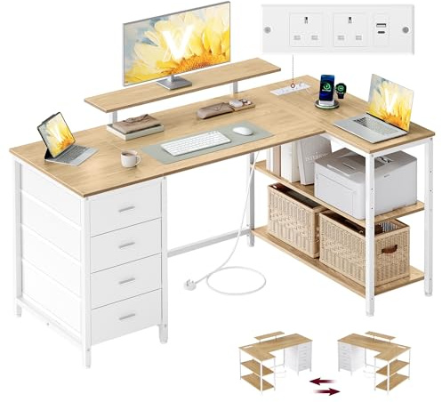 VASAGLE L Shaped Corner Desk with Power Outlets, Computer Gaming Desk with Storage, Reversible Layout, Adjustable Shelves, 4 Drawers, 2 USB Ports, Home Office, 140 x 80 cm, Natural Oak LWD172YD02