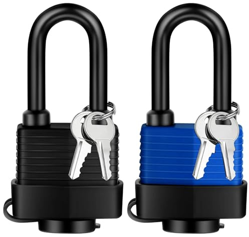 YIMSGO Weatherproof Outdoor Padlock Keyed Alike, Plastic Covered Heavy Duty Laminated Steel, Squire Yale Weather Waterproof Pad Lock with Same Key for Shed Warehouse Gate Locker Truck (1 Blue/1 Black)
