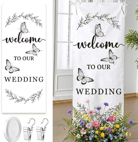 PRESSINART Benvenuti al Nostro Matrimonio: Tela per Segnaletica da 60 x 24 Pollice con Design di Foglie e Farfalle Banner di Nozze per L'Ingresso alla Cerimonia di Ricevimento Festa di Fidanzamento