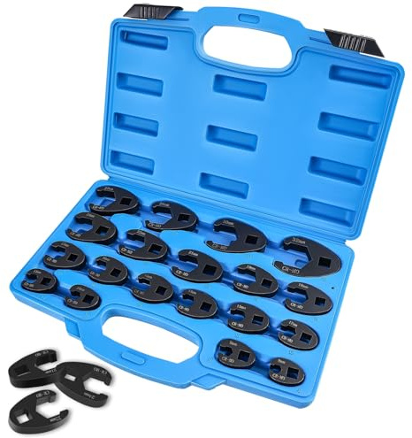 BORDRISE Coffret 19 pièces cle a griffe Crowfoot 8–32 mm | clé à douille et cle a pipe à entraînement 3/8 et 1/2 pouce pour écrous, tuyauterie, automobile et atelier en espace étroit