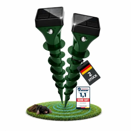 Solar Maulwurf Vertreiber 2er Set, Ultraschall & Vibration gegen Maulwürfe und Wühlmäuse, IP65 wasserdicht, Tierfreundlicher Maulwurfschreck für Garten, Rasen und Beete