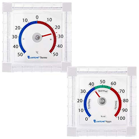 Lantelme Temperatur und Luftfeuchtemesser Set | Analog Fenster Thermometer Hygrometer Selbstklebend | Bimetall Fensterthermometer für Raumklimakontrolle ohne Batterien ideal für Außen Zuhause und Büro