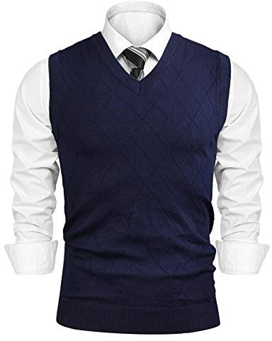 iClosam Herren Pullunder V-Ausschnitt Comfort Fit Baumwoll Strickweste (Dunkelblau-2), L