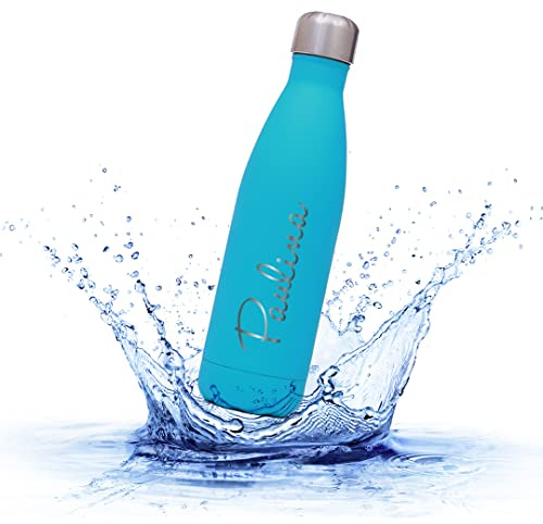 Sprengers – Personalisierbare Trinkflasche aus Edelstahl – auslaufsichere & thermoisolierte Wasserflasche hält Getränke bis zu 18 Stunden warm oder kalt – Gravur mit Namen und Motiv (Türkis, 0.5 l)