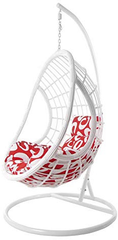 KIDEO® Komplettset: Hängesessel mit Kissen, Korbsessel, Swing Chair Loungemöbel (Gestell- und Korbfarbe: weiß, Kissen: Chesterstepp rot/weiß (3012 Curly))