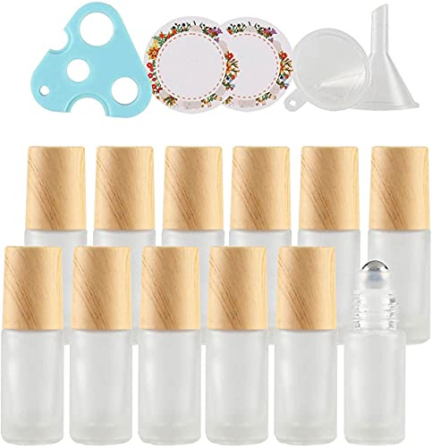 ZEOABSY 12 Stück 5 ml Matt Klar Leere Roller Glas Flaschen, 1x Trichter 1x Öffner 6X Etikette,5ml Klarglas Roll-on Glasflaschen mit Edelstahl-Roller Ball, für Ätherische Öle Essential Oil