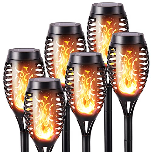 Geemoo Luci Solari Esterno Giardino Fiamma 6 Pezzi Lampade Solari da Giardino Torcia Luce con Effetto Fiamma Tremolante Realistico, Luci Decorative per Esterno, Giardino, Patio, Prato, Corridoio