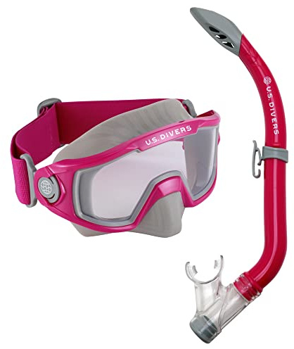 U.S. Divers Avila Junior II Snorkel Combo - Curved 1-Window Lens for Panoramic Vision, Anti-Fog Lens, Dry Top Snorkel - Play Series | Unisex Children, Small (Ages 6+), Dark Pink/Gray