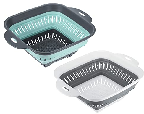 sourcing map Square Collapsible Colander 2pcs Foldable Silicone Colander Fruit Vegetable Washing Basket Strainer with Handle Kitchen Drainer Basket-Grey+Green