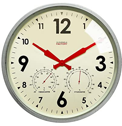 Cloudnola wasserdichte Metall-Wanduhr für drinnen und draußen, mit Thermometer und Hygrometer, Zinkgrau, 30.5 cm, geräuschlos, Nicht tickend