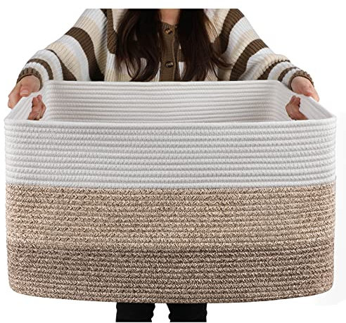 OIAHOMY Cesta rectangular grande para manta, cestas tejidas de cuerda de algodón para almacenamiento, sala de estar, organización de juguetes con asa, 22 x 17 x 12 pulgadas, color amarillo degradado