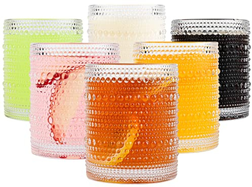 ZMOWIPDL Vintage Glassware Drinking Glasses Set of 6,12 oz Hobnail Glass Cups,Embossed Clear Water Tumbler,for Beer,Cocktail,Whiskey,Juice and Various Mixed Drinks- 1 Cleaning Brush