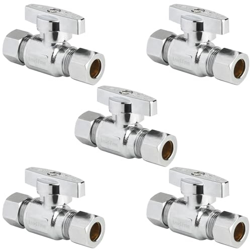 WiseWater 3/8 Compression Straight Stop Valve, Quarter Turn Toilet Shut Off Valve for Bathroom & Kitchen Water Supply Lines (5-Pack)