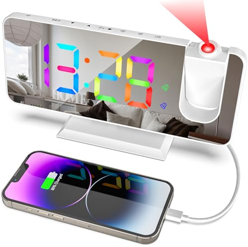 Hanaix Projection Alarm Clock for Bedrooms Ceiling,7.3 Digital Clock Large Display Mirror Screen,11 Colors RGB Clock with 180° Rotatable Projector,5 Auto Dimmer,12/24h, Snooze,Dual Alarm