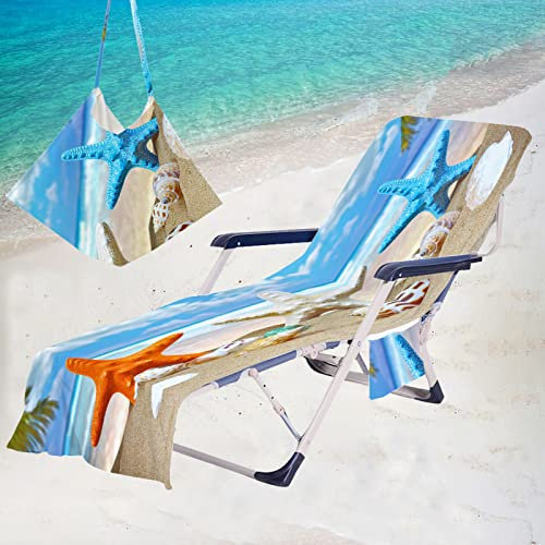 Surwin Schonbezug Für Gartenliege Strandliegenauflage Frottee Liegenauflage Seestern Stuhl Strandtuch Sun Lounger Bezug mit Tasche Sporthandtuch für Sommer Garten Schwimmen (75x210cm,Blau)