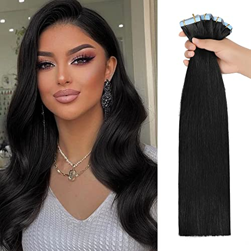 JESSBO Tape in Extensions Echthaar #1 Tief Schwarz 45cm 20 Stück Invisible Seidig Gerade Remy haar echthaar haarverlängerung echthaar invisible tape extensions (50g/Packung)