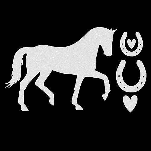Glitzerdeals Bügelbilder Glitzer Pferd mit Hufeisen weiß Aufbügler für Textilien Karneval Kostüm Pferd Bügelflicken Pferde Fasching Patch zum Aufbügeln Pferd