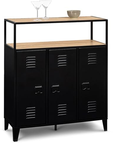 IDMarket - Mueble de bar Buffet Ester de 3 puertas de metal negro con placa de aspecto de madera de haya