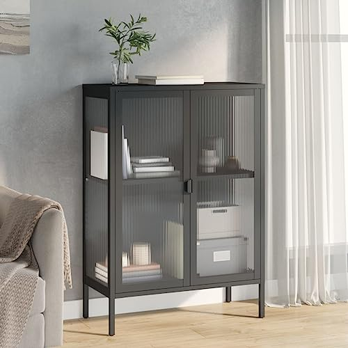 BaraSh Sideboard Schwarz 75x35x105 cm Sammlervitrine BüCherschrank Schwarz Glas und Stahl