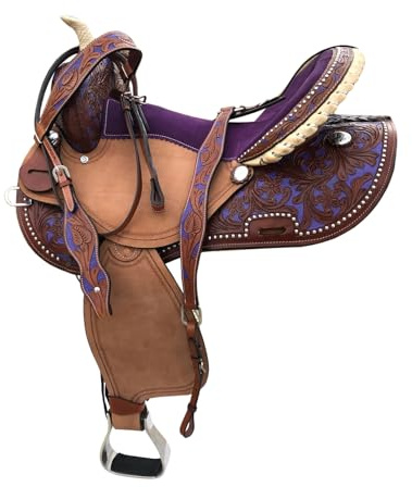 Westernsattel für Kinder, Jugendliche, Erwachsene, Leder, passendes Halfter und Brusthalsband, Zügel, Violett, 30,5 cm, 33 cm, 35,6 cm, 38,1 cm, 40,6 cm, 43,2 cm, 45,7 cm (43,2 cm Sitz)