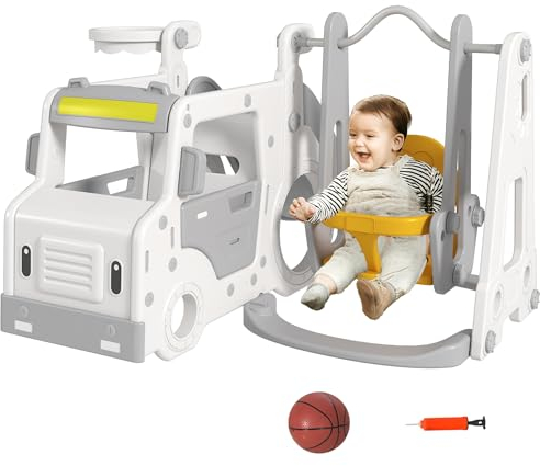AIYAPLAY Gioco 6 in 1 per Bambini Con Scivolo, Canestro e Macchinina Con Volante - Regalo da 18-48 Mesi, Bianco