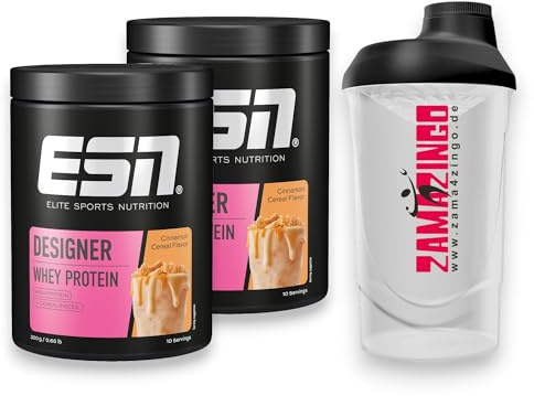 2x ESN Designer Whey Protein Cinnamon Cereal 300g | Hochwertiges Eiweißpulver und Nahrungsergänzungsmittel für effektiven Muskelaufbau | Gratis Zama4zingo Protein Shaker 600ml