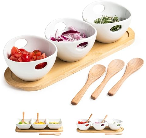 Miamolo Chip and Dip Serving Set, Dipping Sauce Bowls Divided Serving Dishes with Wooden Spoons, Ceramic Dip Bowl Display Serving Tray for Party Dinner Entertaining