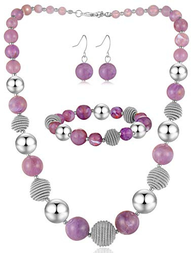 FULU AUTUMN Set di 3 gioielli con collana di perle grandi, bracciale e orecchini, regalo di compleanno per donna, Pietra, Nessuna pietra preziosa, viola.