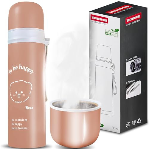 Retoo Thermosflasche 500 ml Isolierflasche Mobiler Kaffeebecher Thermobecher Isolierbecher Verschluss Edelstahl Braun