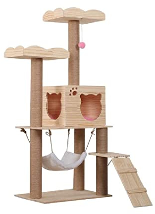 ASHSDI Katzen Kletterbaum Katzenbaum Hoch Massivholz Katzenklettergerüst Katzenkratzbrett Katzenstreu Sisal Katzengerüst Mehrschichtig Mit Plüschkugel Kratzbaum Katzenmöbel