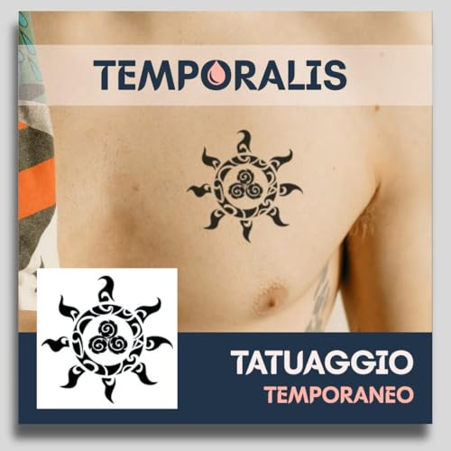 Fake Tattoo Sonnen – Temporalis® | Temporäre Tattoos für Erwachsene – EU-zertifizierte Kosmetik, vegan & wasserfest – Hält 1 bis 2 Wochen [ Tribal-Sonne ]
