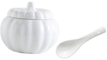 SHOWERORO 4sets Ciotola Ceramica Forma Di Zucca Con Cucchiaio e Coperchio Per Zuppe e Cibi Al Vapore Per Cucina Domestica e Ristoranti Design Elegante e Adorabile