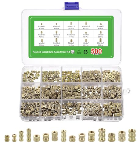 sourcing map 500Pcs M2 M3 M4 M5 Knurled Insert Nuts, Brass Knurled Threaded Embedment Nuts 3D Printing Brass Nuts for 3D Printing Parts Laptop Automotive Plastic Shell