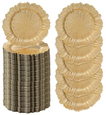 MAONAME 13 Gold Charger Plates Set of 100, Plastic Reef Plate Chargers Bulk, Round Charger for Dinner Plates, Table Chargers for Wedding Decor
