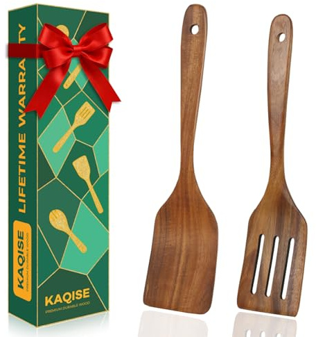 KAQISE Holzspatel zum Kochen, Teakholz-Küchenutensilien-Set, natürliches Kochutensilien-Set, flache Holzspatel und Schlitzspatel-Set (2 Stück)