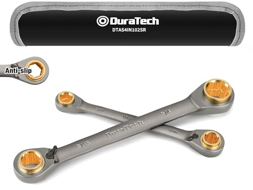 DURATECH Anti-slip 4-in-1 Reversible Ratcheting Box Wrench Set, Double Box End, SAE, 2-Piece, 5/16, 3/8, 7/16, 1/2 & 9/16, 5/8, 11/16, 3/4-Inch, CR-V Steel, Nickel Plated, with Rolling Pouch
