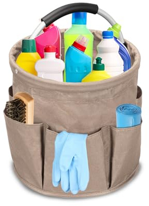 Les-Theresa Cleaning Caddy Organiser 17L, Cleaning Bag Collapsible Cleaning Products Organiser, Cleaning Caddy with Handle Multi Pocket Foldable Cleaning Bucket for Picnic Bath Shopping (Khaki)