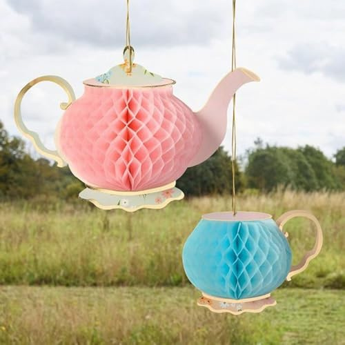 Club Green Set di 2 decorazioni a nido d'ape per festa del tè, teiera e tazza da tè, decorazione per feste a tema Alice nel paese delle meraviglie, decorazione per la tavola del Cappellaio Matto