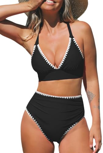 CUPSHE Women's Bikini Sets High Waisted Swimsuit Deep V Neck Crisscross Back Tie Stitching Ruched Full Coverage Black M