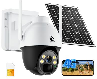 AKINGUAR 4G LTE Telecamera Esterno con SIM, 2K 360° PTZ Telecamere Senza WiFi con Pannello Solare e Batterie, Visione Notturna a Colori, Audio Bidirezionale, PIR Rilevamento, IP66 Impermeabile