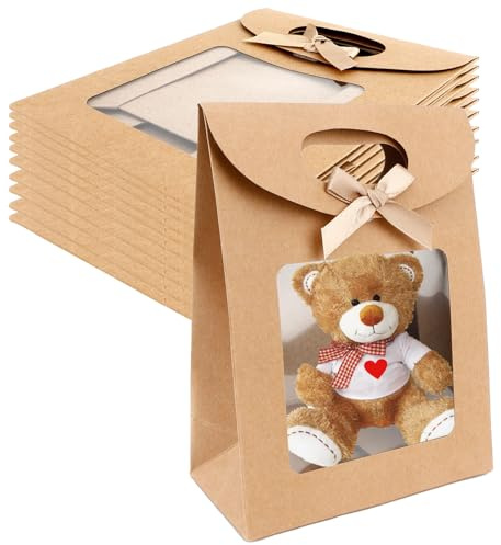 20 Stück Geschenktüte mit Fenster, 12x16x6cm, Kraftpapier Geschenktüte mit Fenster für Süßigkeiten und Geschenke