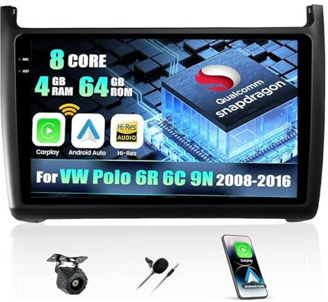 CAMECHO Android 15 Qualcomm 8 Core 4G+64G Autoradio für VW Polo 6R 6C 9N 2008-2016 mit Carplay Android Auto Navi Dual WiFi 9-Zoll IPS Touchscreen mit Bluetooh5.1 FM/RDS+Rückfahrkamera