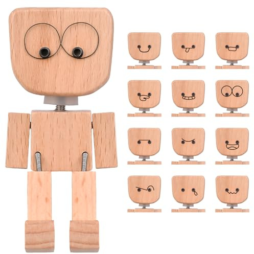 Mwmoeen Lustige Schüttelmann, Wackelnder Holzmann als Wackelfigur Auto Dekoration, die mit 12 magnetischen Ausdrücke schwankt, handgefertigte Shaking Wooden Man als Auto Ornament