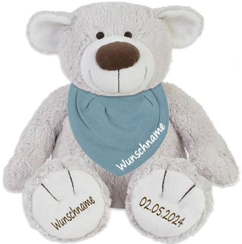 Elefantasie Geschenkset Teddybär mit Halstuch Stofftier Teddy zartgrau und Baby Dreieckstuch im Set mit Namen personalisiert Verschiedene Ausführungen (Blassblau)