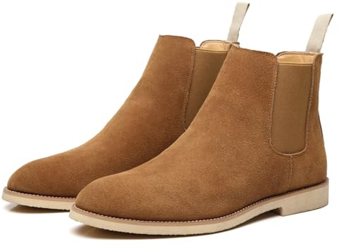 BXCZEDW Botines Chelsea de piel de ante para hombre, botas Chelsea para hombre, de piel de vacuno auténtica, sin cordones, botas casuales y de vestir, Forro polar caqui, 44 EU