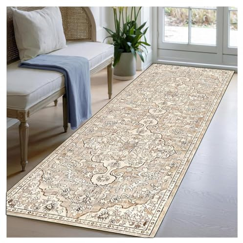 BORKOY Tappeto Corridoio Lungo 2 Metro Vintage Beige Passatoia Cucina Antiscivolo Lavabile Tappeto Runner Extra Lungo per Ingresso Lavanderia Camera da Letto Morbido Tappeto Pelo Corto 90x200cm