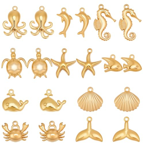 Beebeecraft 20 pz. Ciondoli A Forma di Vita Marina 304 ciondoli in Acciaio Inossidabile Dorato A Tema Oceano e Mare Spiaggia Estate per La Creazione di Gioielli Fai da Te Collane e Bracciali.